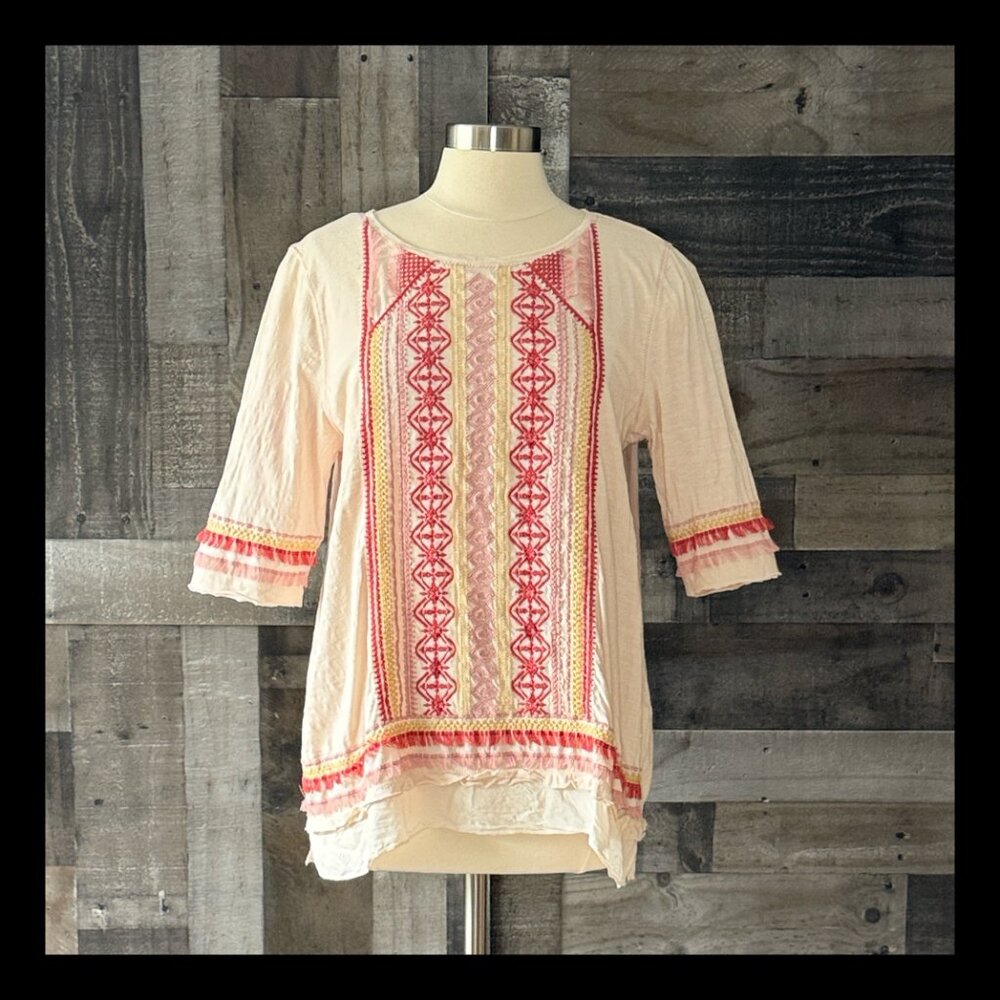 Sundance pink 3/4 sleeves top large tassels embroidery coastal cowgirl western